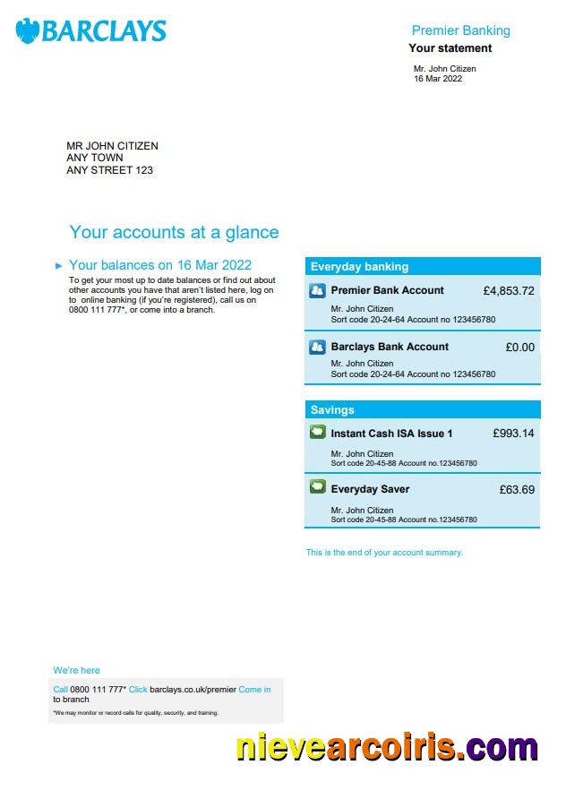 United Kingdom Barclays bank statement, Word and PDF, 4 pages, version 2